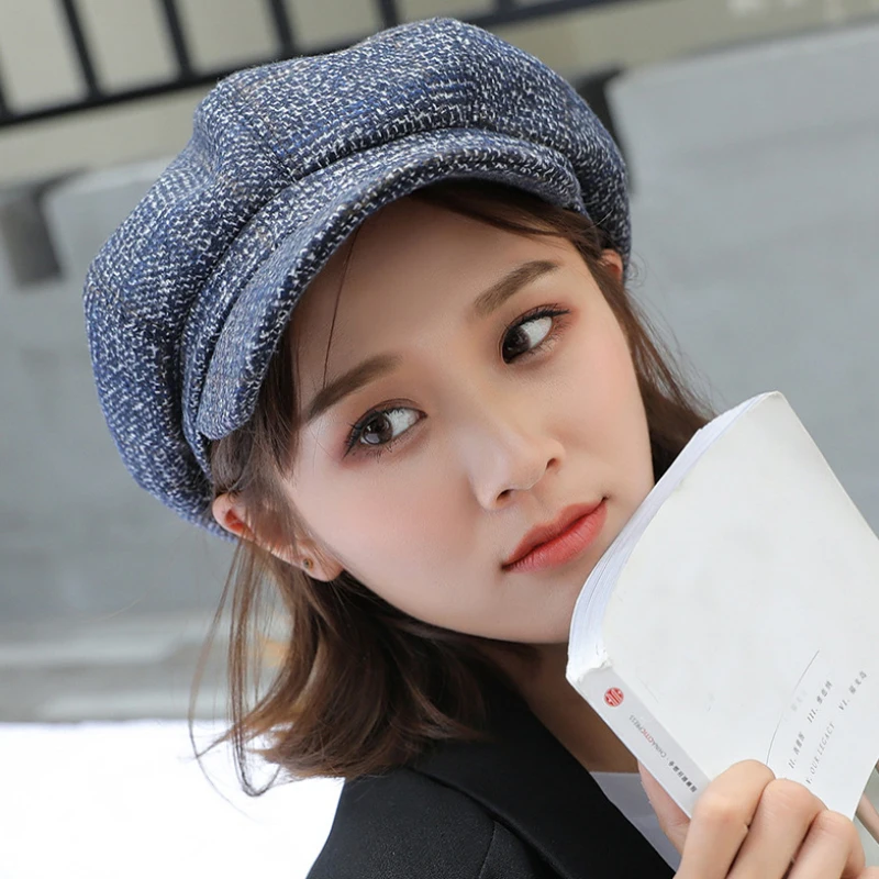 HT1991 Women Men Wool Felt Berets High Quality Autumn Winter Hat Thick Warm Unisex Octagonal  Cap Retro Plaid Beret Cap