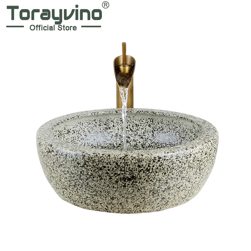 

Torayvino Bathroom Sink Hand Paint Washbasin Tempered Ceramic Basin Sink With Waterfall Faucet Taps Vessel Water Drain Set