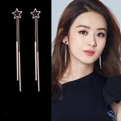 Pendientes largos con doble borla para mujer, aretes con forma de estrella, estilo coreano, sin perforaciones, antialérgicos