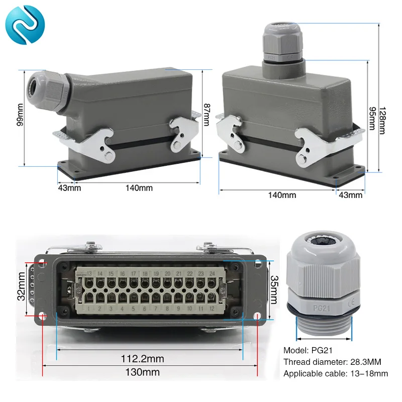 Rectangular Heavy Duty Connector DHC-HE24 Core Pin Aviation Waterproof plug  Connector 16A500V Tighten The Wire By Screw