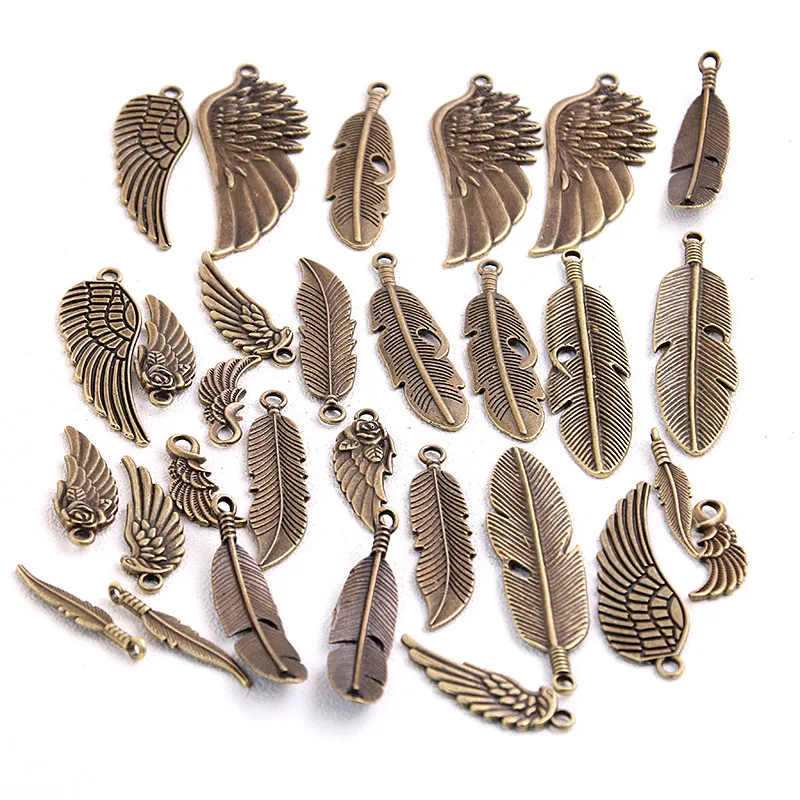 10pcs/lot Vintage Bronze Metal Small Wings & Feather Charms for Jewelry Making Diy Zinc Alloy Mix Wings Feather Pendant