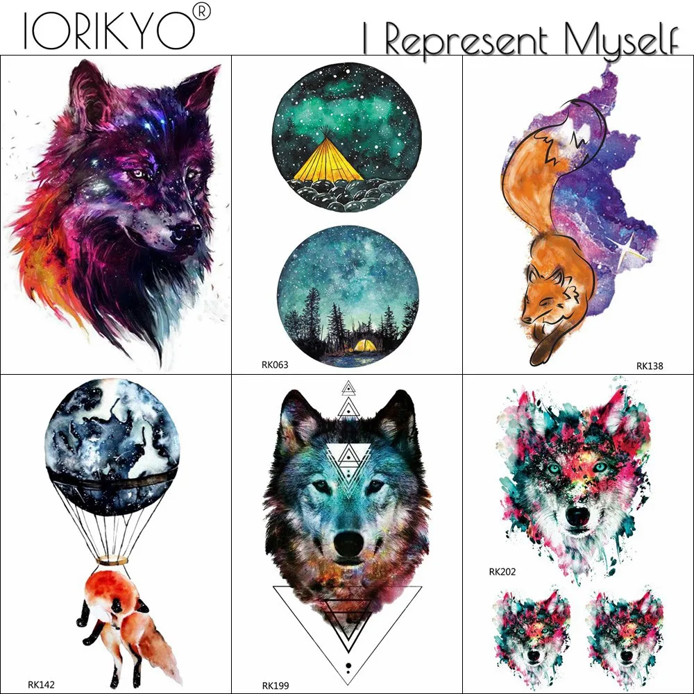 

Galaxy Wolf Moon Wolf Geometric Waterproof Fake Tattoos Stickers For Men Arm Temporary Tattoo For Women Chest Custom Tatto Decal