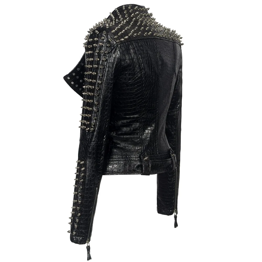 SX Occident Fashion women Club hot style Stud slim fit jacket shoulder rivets zip stitching short PU leather rock coat