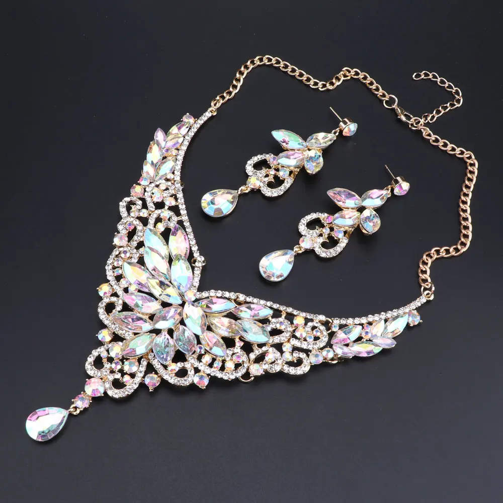 Wedding Jewelry Fashion Crystal Rhinestones Necklace Earrings set for Women Wedding Party Bridal Jewelry sets Gold Color