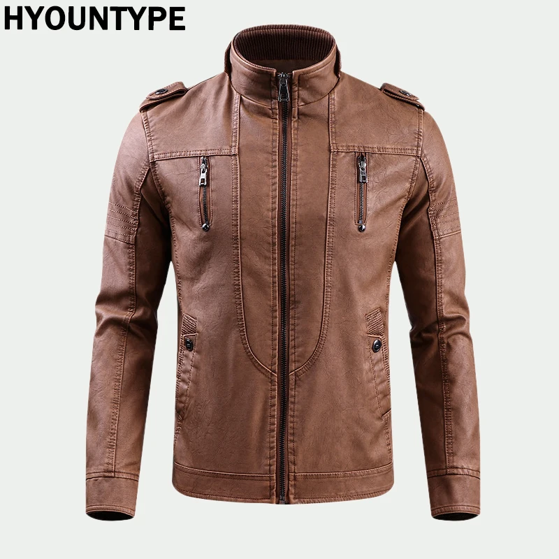 Retro Leather Jacket Men Stand Collar Locomotive Coat Autumn Winter Casual Plus Size Motorcycle Jacket Male Warm Biker Outerwear