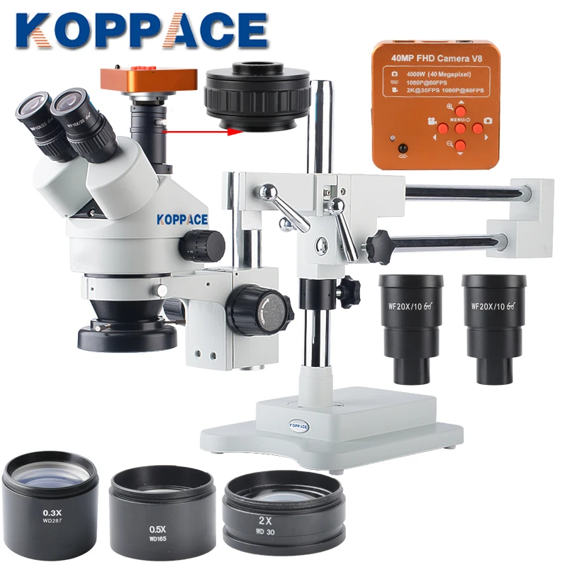 KOPPACE-مجهر تكبير استريو ثلاثي العينيات ، 2.1X-180X ، عدسة واسعة المجال 0.5X و 2.0X ، مع عدسة بارلو WF10X/20 WF20X/10