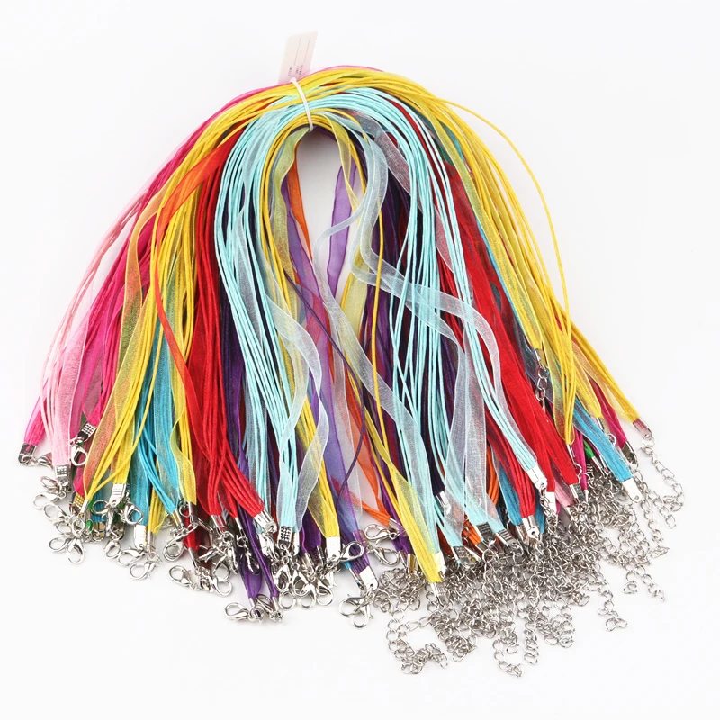 

50pcs/lot 17-19 Inch Adjustable Assorted Colors Organza Ribbon Necklace Cord with Lobster Clasp For DIY Jewelry Making