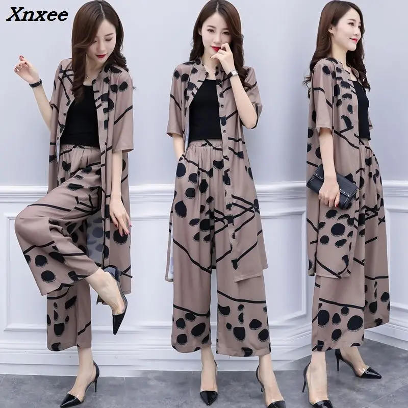 Large Big Size 2 Piece Set Women Wide Leg Trousers Suit Set Palazzo Pants Sash Tracksuit Cardigan Year-old Female Costume Xnxee