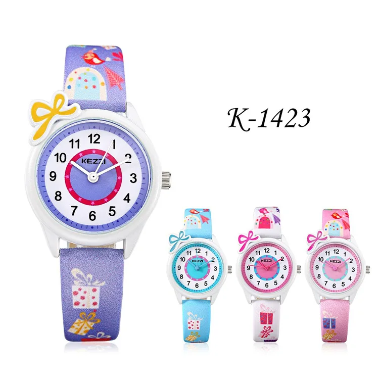 KEZZI-Relojes de pulsera impermeables para niños y niñas, bonitos relojes de dibujos animados con lazo, esfera redonda, estampados, correa de cuero, de cuarzo