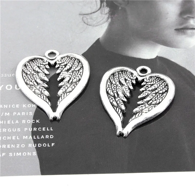 10Pcs  Silver Color Heart Shaped Angel Wing Charms Metal Pendant Making Necklaces Handmade Jewelry Accessories 27X22mm A3123