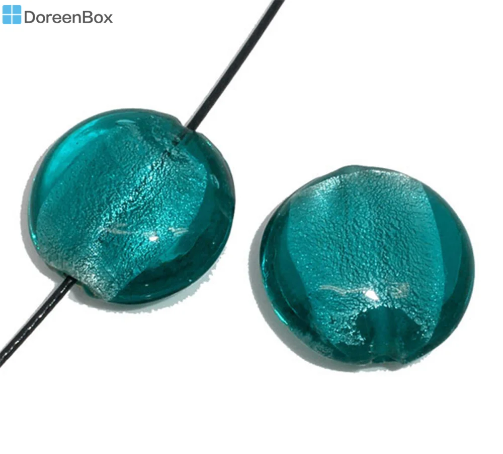 Doreen Box hot-  20 Cyan Flat Round Foil Glass Lampwork Beads 20mm (B06919)