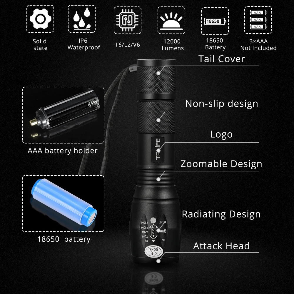 Led flashlight Most Powerful torch T6/L2/V6 Camping light 5 switch Modes waterproof Zoomable Bicycle Light use 18650 battery