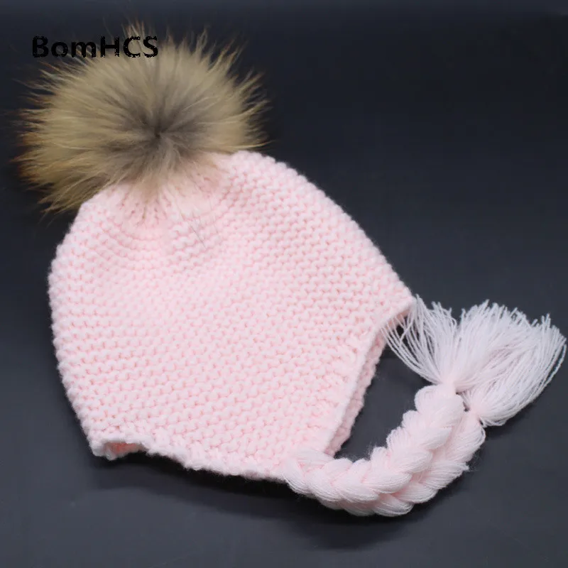 BomHCS 100% Handmade Knitted Children Fur Pom Pom Beanie Hat Lovely Twist Braid Hat