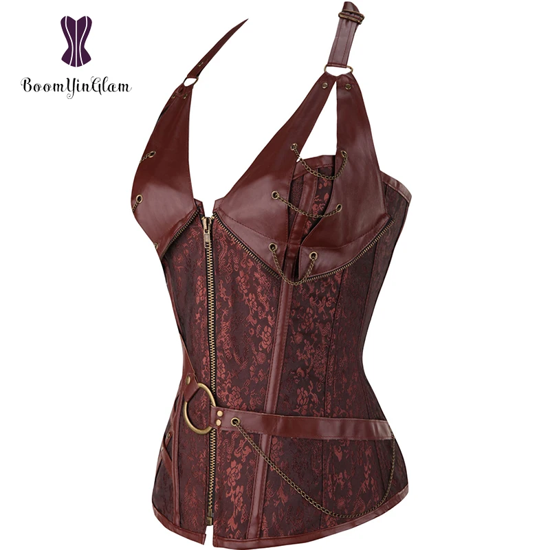 Corsetto gotico in ecopelle con scollo all\'americana con cerniera frontale di alta qualità marrone Steampunk abbigliamento donna corsetti e bustini