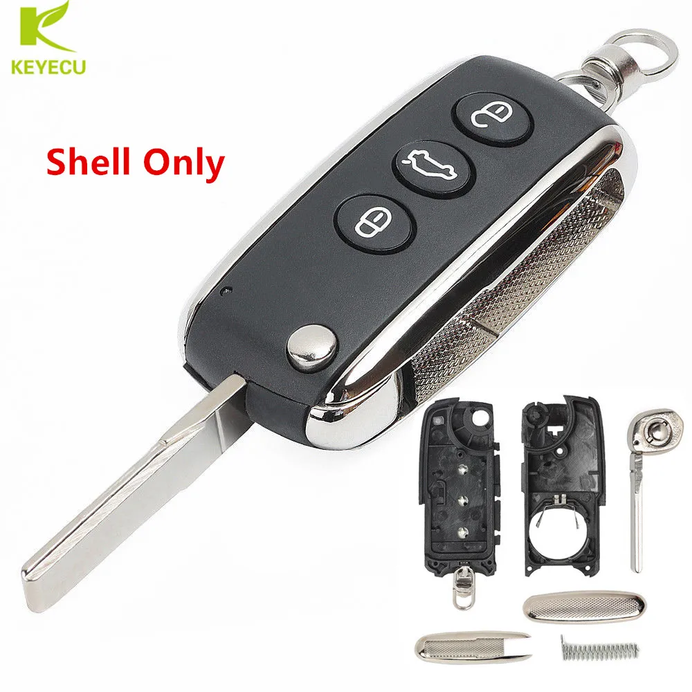 KEYECU Replacement Uncut Folding Remote Key Shell Case Fob 3 Button for Bentley Continental GT Flying Spur 2005-2016