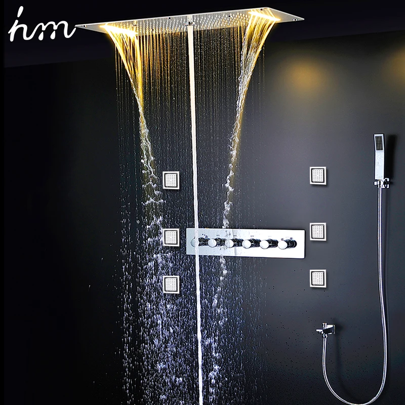 hm Bathroom Concealed Thermostatic SHower Set Luxury Ceiling LED ShowerHead 380x700mm Rainfall Mist 4'' Body Jet Faucets  System