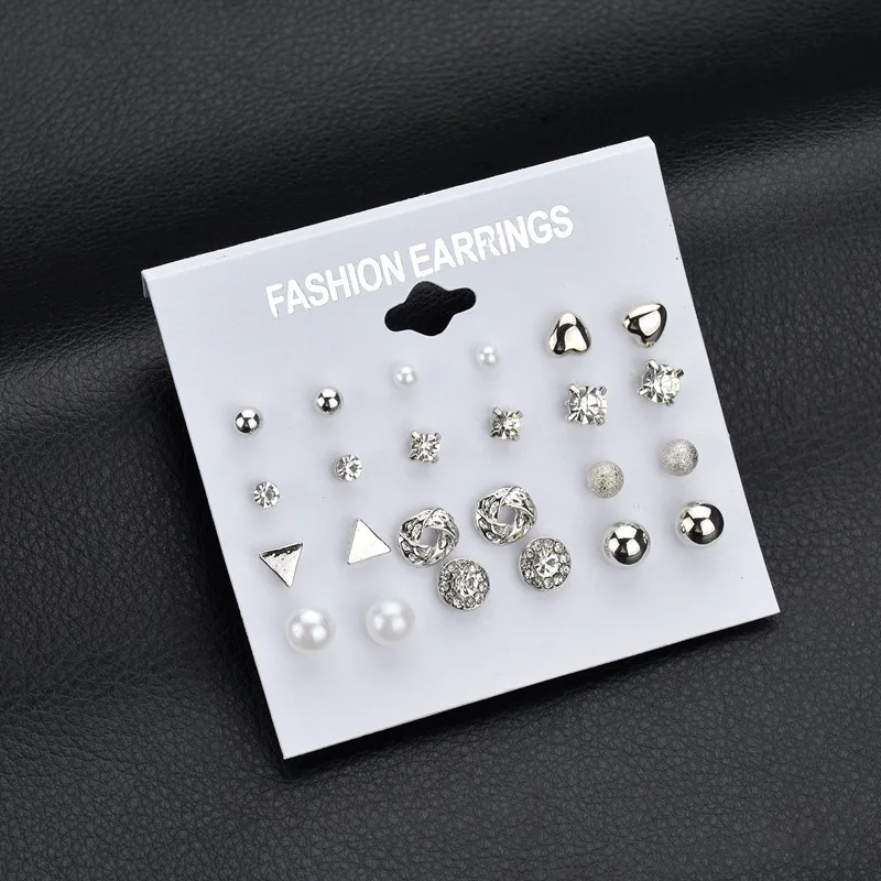 Brincos Fashion 12 Pair/set Women Square Crystal Heart Earrings For Women Piercing Simulated Pearl Flower Earrings Set Free