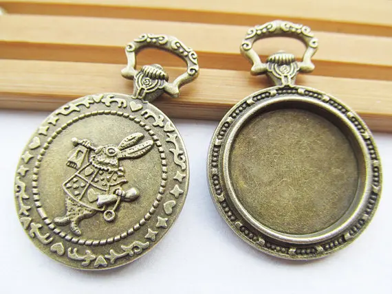 50pcs Antique Silver/Antique Bronze Vintage Rabbit Pocket Watch Base Setting Pendant Charm,20mm Cabochon/Cameo Tray Bezel