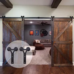 LWZH Black Sliding Interior Barn Door Hardware Sets Closet Wood Door Kits Y-Shaped Track Rollers for Double Door 14FT/15FT