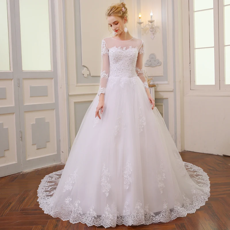 Vestidos De Noiva Elegant A Line Long Sleeve Wedding Dress Customized Tulle Appliques Beaded Princess Lace Wedding Gowns