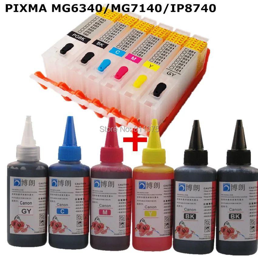 6 INK For CANON pixma  MG6340 MG7140 IP8740 printer PGI 450 CLI 451refillable ink cartridge+ 6 Color Dye Ink 100ml