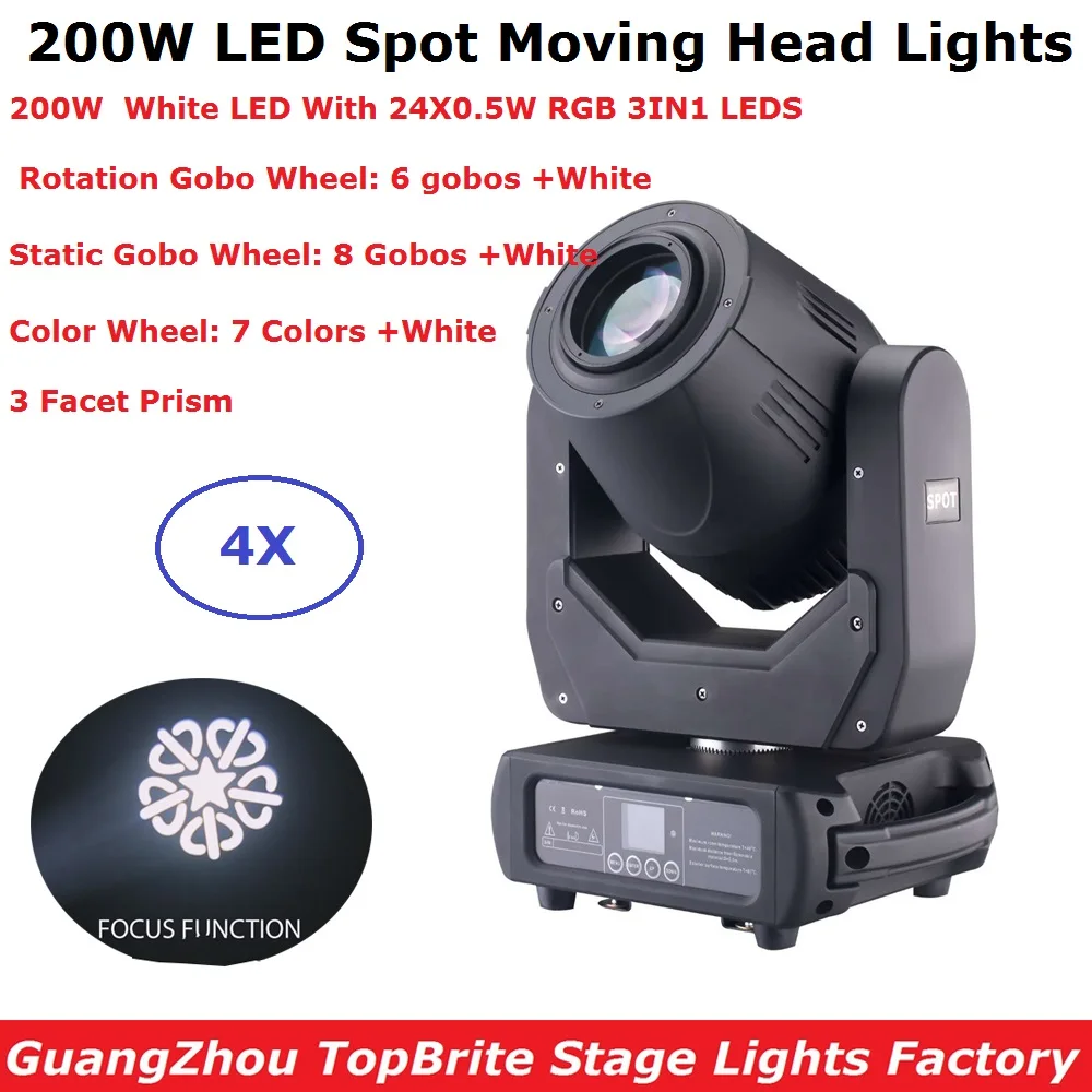 

Spot Beam Moving Head Lights 200W LED Moving Head Gobo Lights With 24Pcs 0.5W RGB Lamp Beads Professional Dj luzes Equipments