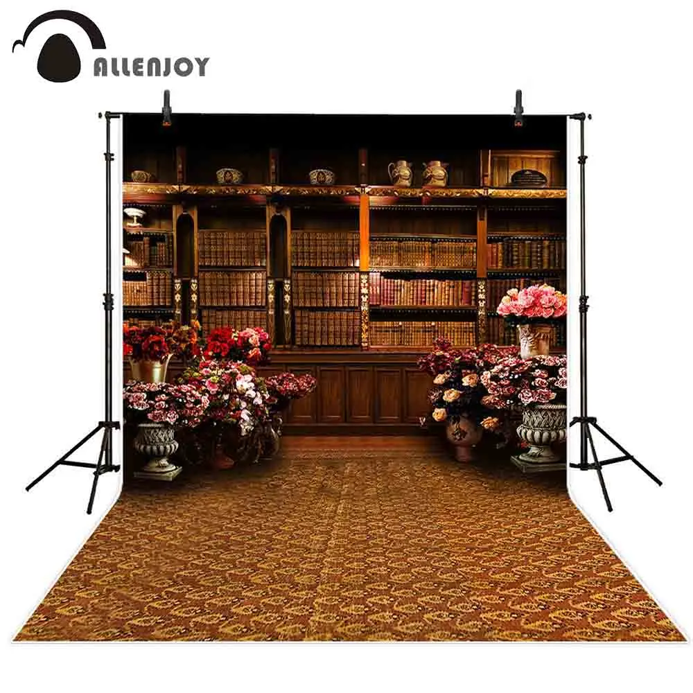 Allenjoy photography backdrop vintage bookshelf classical library flower school background photocall photobooth studio shoot