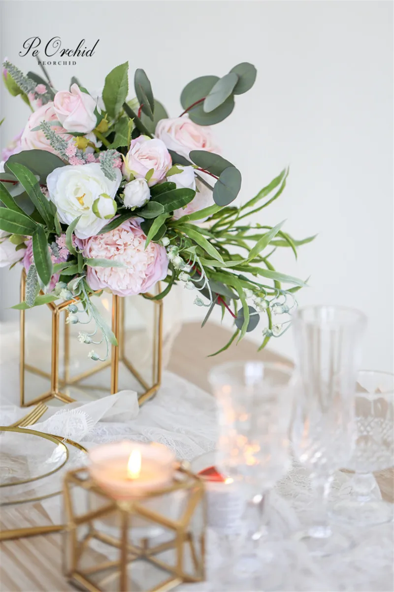 PEORCHID Romantische Tuin Bruiloft Bruidsboeket Rozen Kleurrijke Wit Roze Paars Groen Boeket Kunstbloemen Gelin Buketi