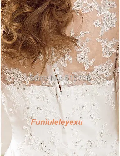 Elegant Ball Gown Long Sleeve V Neck Floor Length Beading Crystal Lace Satin Bridal Gown 2014 Newest Wedding Dress