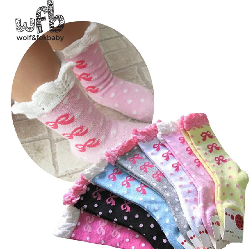 Retail 5pairs/pack 1-4years mid-calf length sock dot lace Kids infant Baby Unisex Flanging  Combed Cotton spring autumn fall