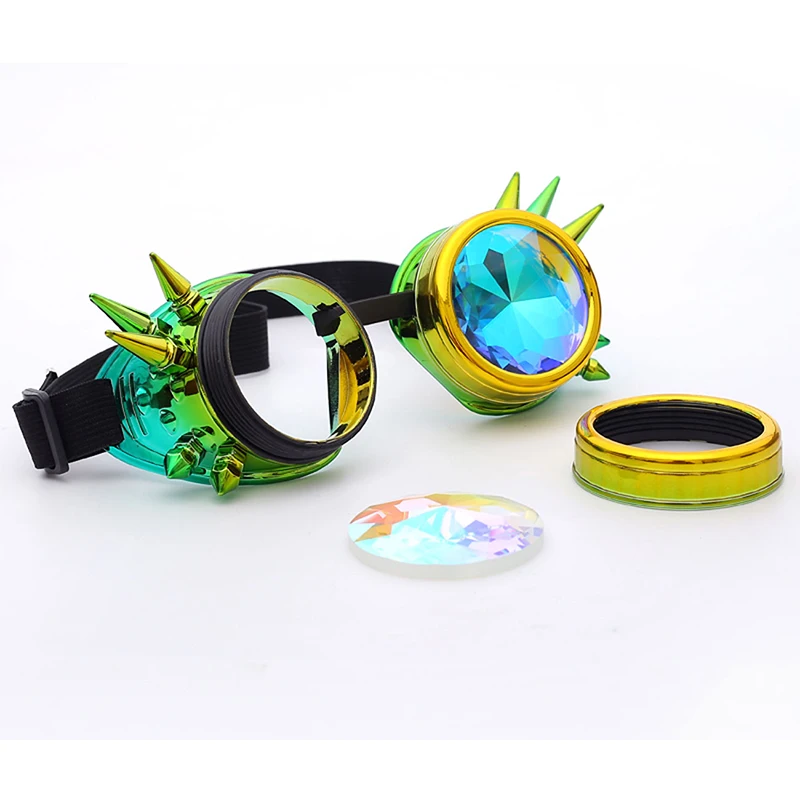 Men Women Rivet Steampunk Goggles Kaleidoscope Rainbow Crystal Lenses Cosplay Vintage Glasses Welding Gothic Cool Eyewear