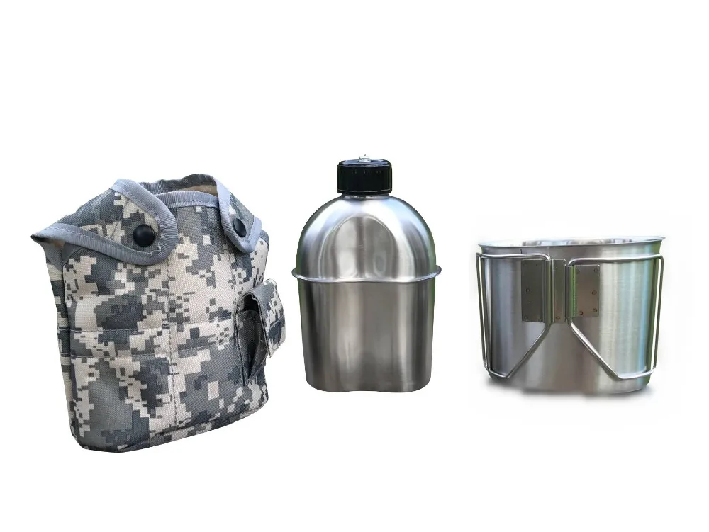 Jolmo Lander G.I. Type Stainless Steel Canteen with Cup and Cover Canteen Kit 1.2L Canteen and Canteen Cup with Lid