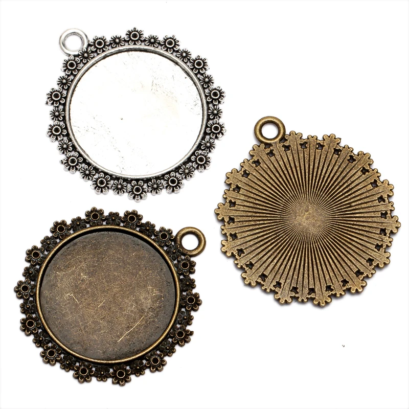 10pcs/lot Flower Antique Bronze/Antique Silver Round pendant setting 30mm for Glass Cabochon Beads Base Bezel