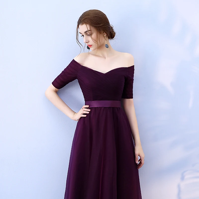 Beauty-Emily Long Burgundy Cheap Bridesmaid Dresses 2021 A-Line Off the Shoulder Half Sleeve Vestido da dama de honra