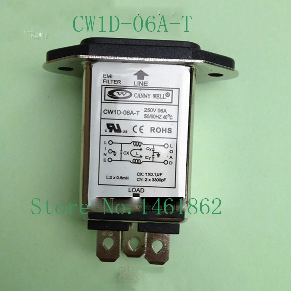 CW1D-06A-T AC 250V 6A Panel Mount Single Phase 3-Pin Soldering Lug Terminal IEC320 C14 Male Inlet Socket Power Line EMI Filter