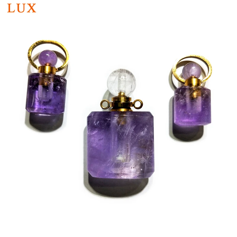 Natural Genuine Amethyst Perfume Bottle Pendant, Essential Oil Diffuser Purple Stone Charm for Necklace