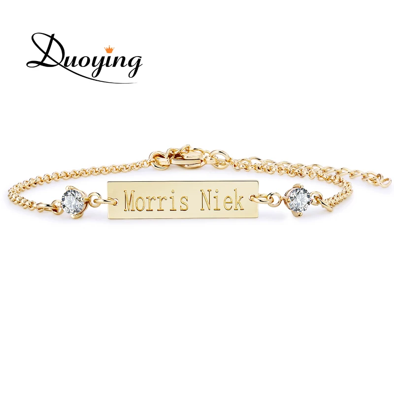 DUOYING Crystal Baby Bracelet Gold Color 25*6 mm Bar Personalized Custom Name Engraved Bracelet Graduation Gift Jewelry for Girl