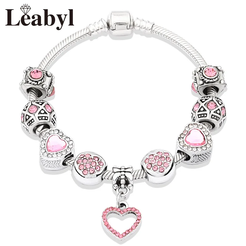 New Valentine's Romantic Pink Heart Charm Bracelet & Bangle Fine Crystal Diy Bead Bracelet Jewelry for Women Girl Gift