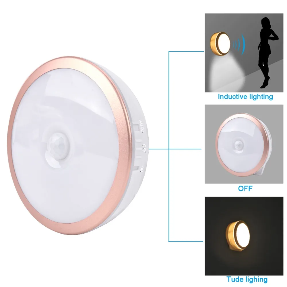 LED Night Light Sensor de Movimento PIR Rodada CONDUZIU a Luz Do Armário de Iluminação Da Lâmpada de Parede de Poupança de Energia Por USB