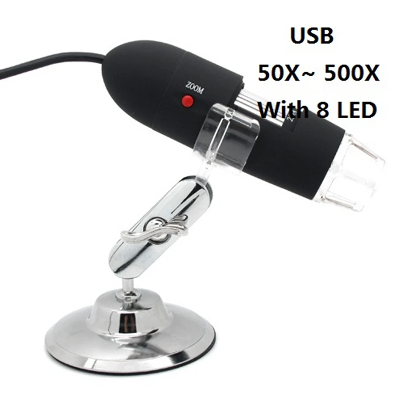 Brand 500X USB Digital Microscope 50X~500X 2MP Loupes With 8 LED Video Camera Electronic Magnifier Black With Stand