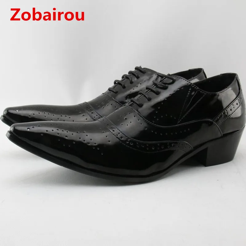 

Zobairou plus size mens patent leather black shoes high heels pointy prom shoes luxury office loafers zapatos hombre italy