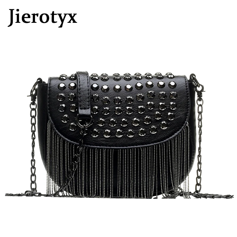 JIEROTYX Original Design Women Bags Leather Diamonds Shoulder Bags Sexy Rivet Shoulder Bag Lady Small Black Tassel Chains