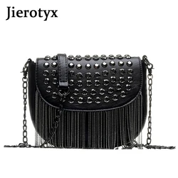 JIEROTYX Original Design Frauen Taschen Leder Diamanten Schulter Taschen Sexy Niet Umhängetasche Dame Kleine Schwarz Quaste Ketten