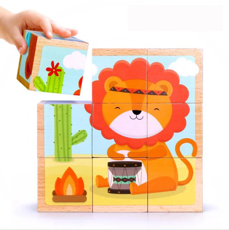 Free ship kids 6 IN 1 wooden cartoon animal puzzle big cube lion crocodile panda fox zebra bear educational children toys