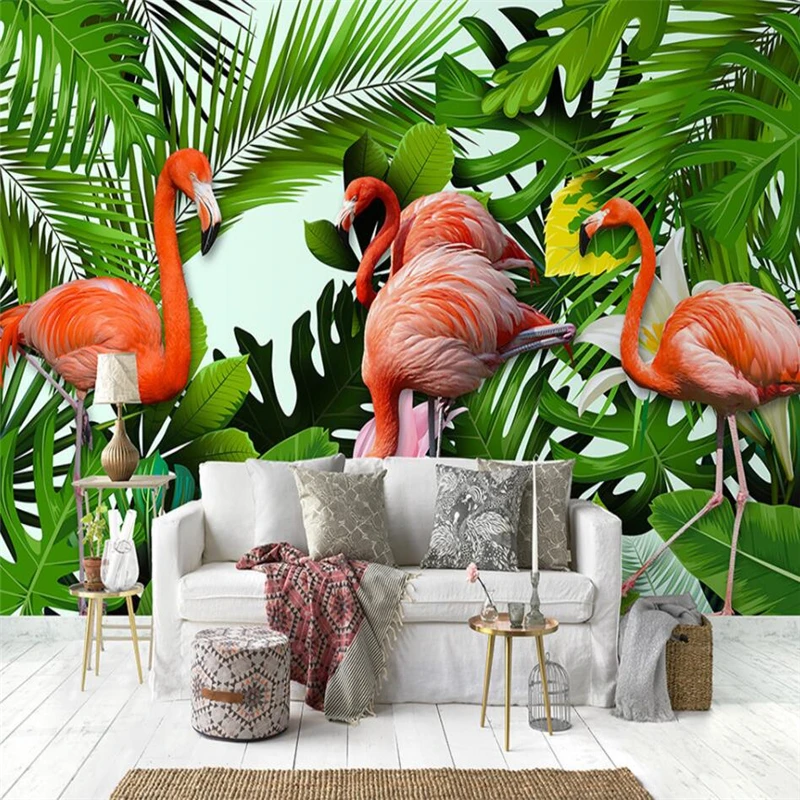 

wellyu European hand-painted flamingo banana leaf wall green leaves background wall painting custom mural wallpaper