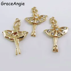 10pcs Crystal Statement Charms Maxi Alloy Gold Color Dance Ballte Girl Fairy Angel For Necklace Chain Pendant Fashion Jewelry