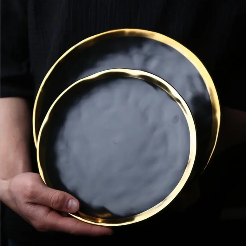 European Style Gold Side Black Plate Retro Matte Steak Dish Dessert Tray Kitchen Dinner Plates Ceramic Dishes Bowls1pcs