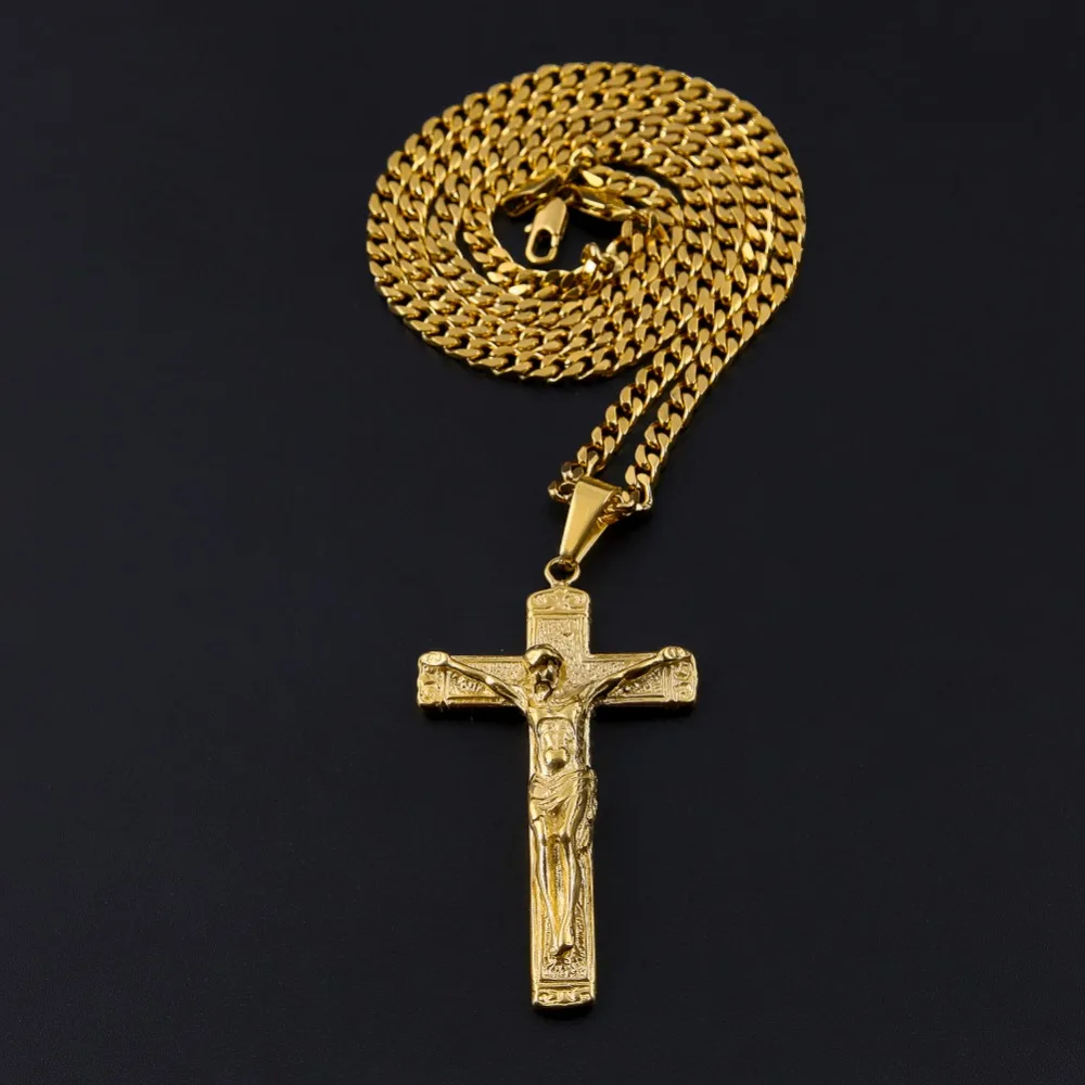 Men's Stainless Steel Gold Color Jesus Cross Christ Crucifix Pendant With 5mm Cuban Chain Necklace Fashion Hip Hop Jewelry