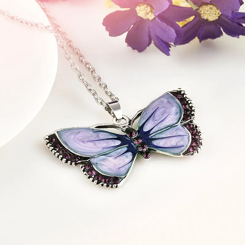 New Women Lady Metal Butterfly Crystal Rhinestones Shape Pendant Chain Necklace Sweater Jewelry Gift image 2