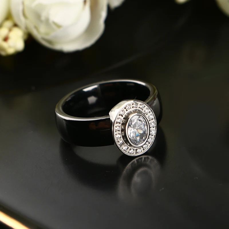Egg Shape U Shaped Stud Earrings Big Carat Rings Jewelry Set Black White Ceramic Jewelry Set Wedding For Women Size 6-9